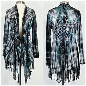 Festival Cowgirl Western Kimono Cardigan Sz Small Fringe Studded Southwestern